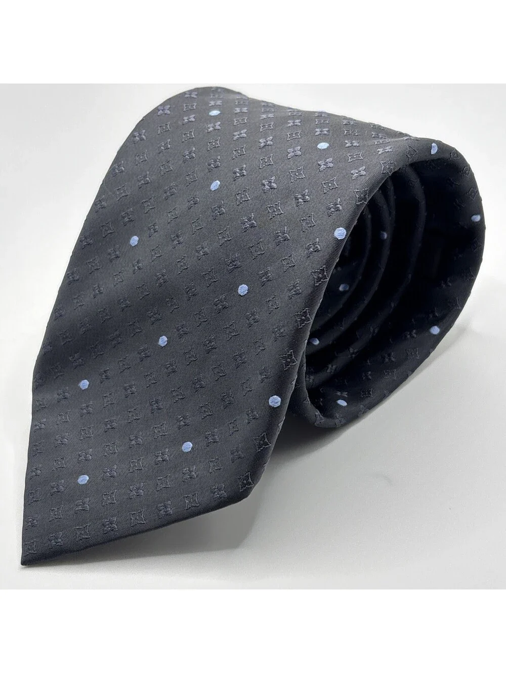 Authentic Louis Vuitton Black Silk Classic Logo Monogram Light Blue Polka Dots